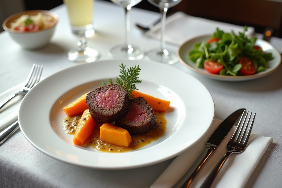 Table élégante avec boudin noir et légumes racines
