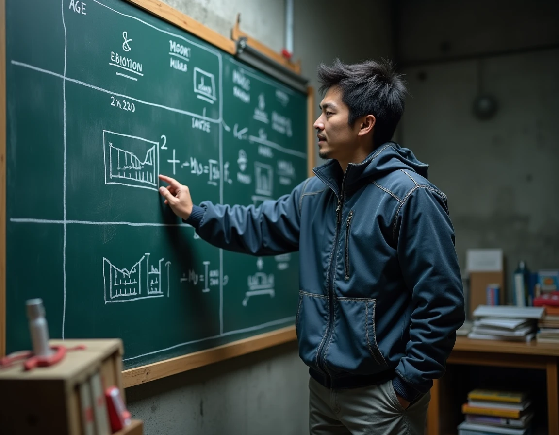 Homme aux cheveux noirs pointant des calculs d'âge de Saiyans sur un tableau noir avec des chronologies et des formules mathématiques dans un bureau de recherche