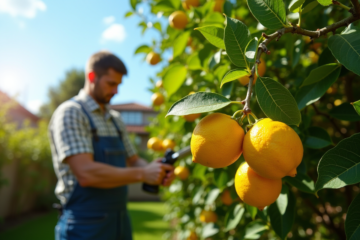 Jardinier taillant un citronnier vert et fruité en plein soleil