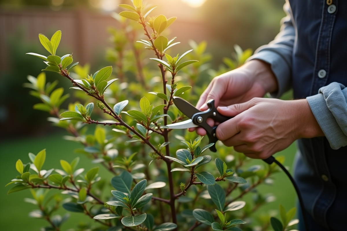 Mains taillant un buisson japonais au matin dans le jardin