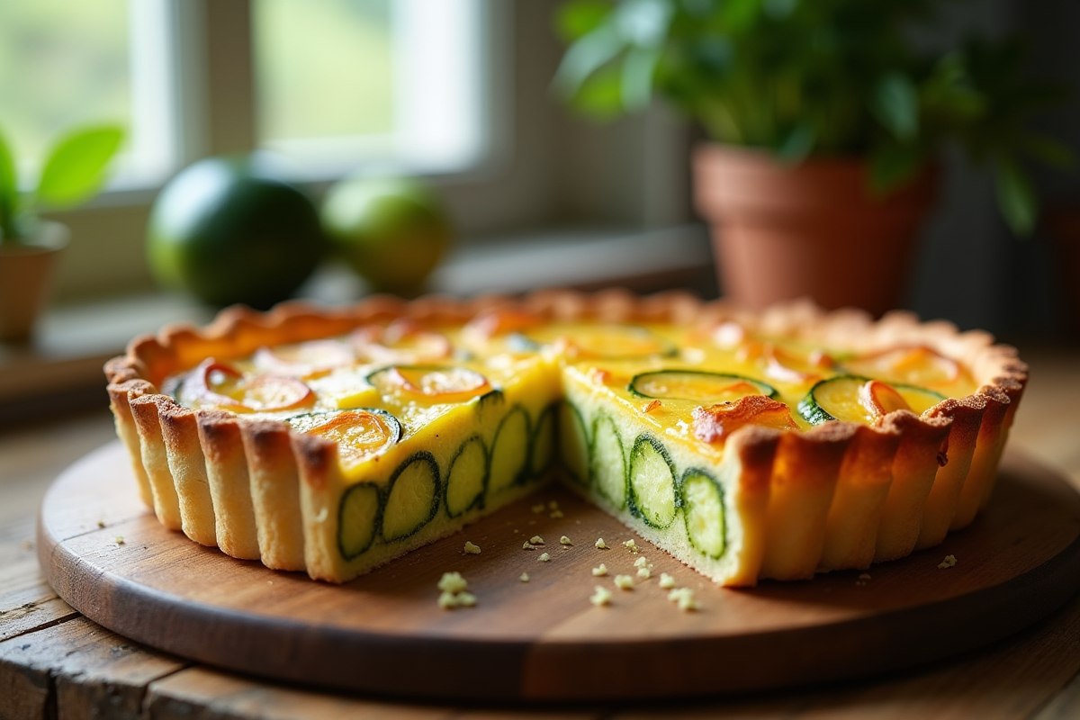 Tarte à la courgette fraîche sur une table en bois