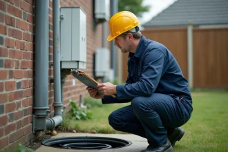 Technicien en overalls examine une boîte aux lettres dans un jardin