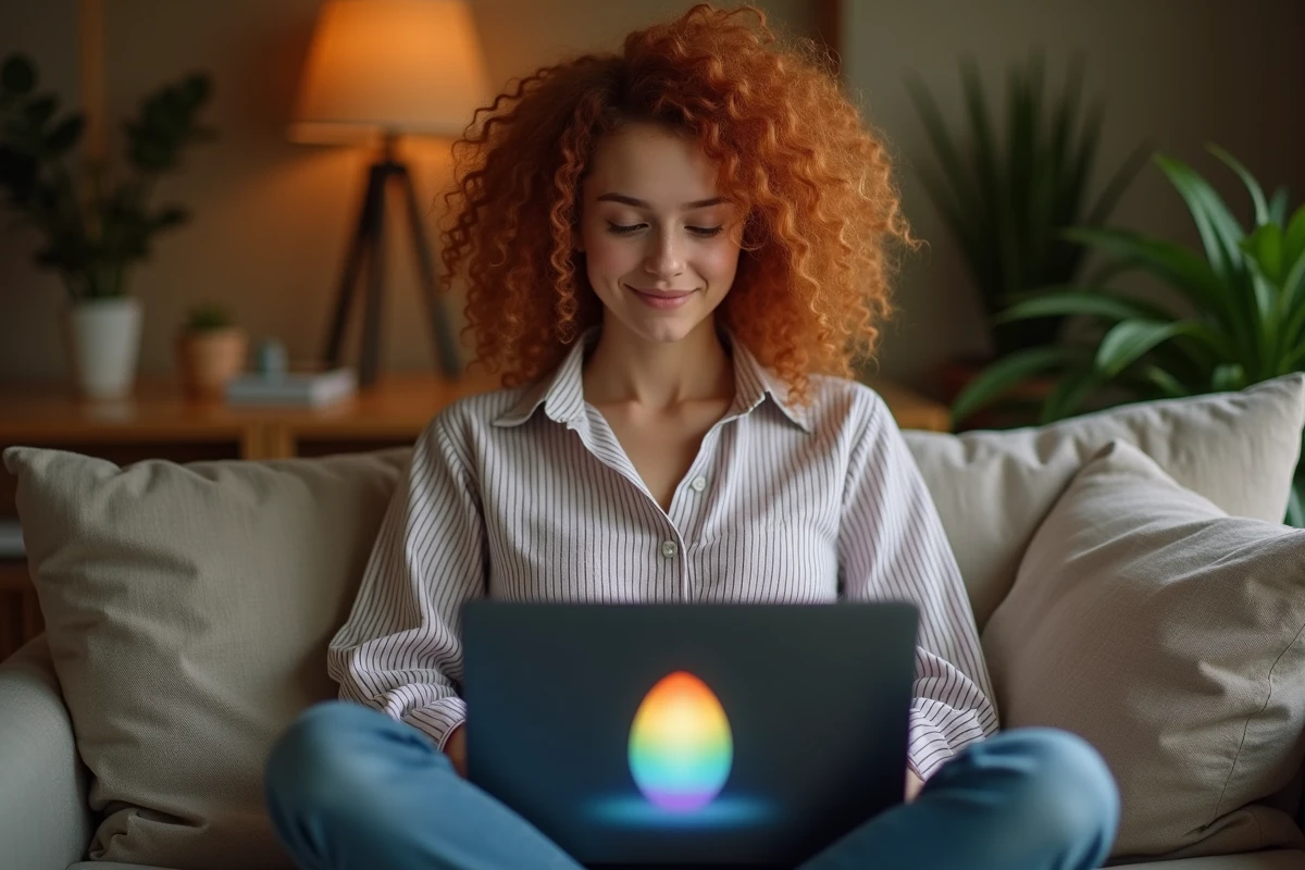 Jeune femme sur son canapé comparant l'expérience de la toupie Google sur PC portable et mobile