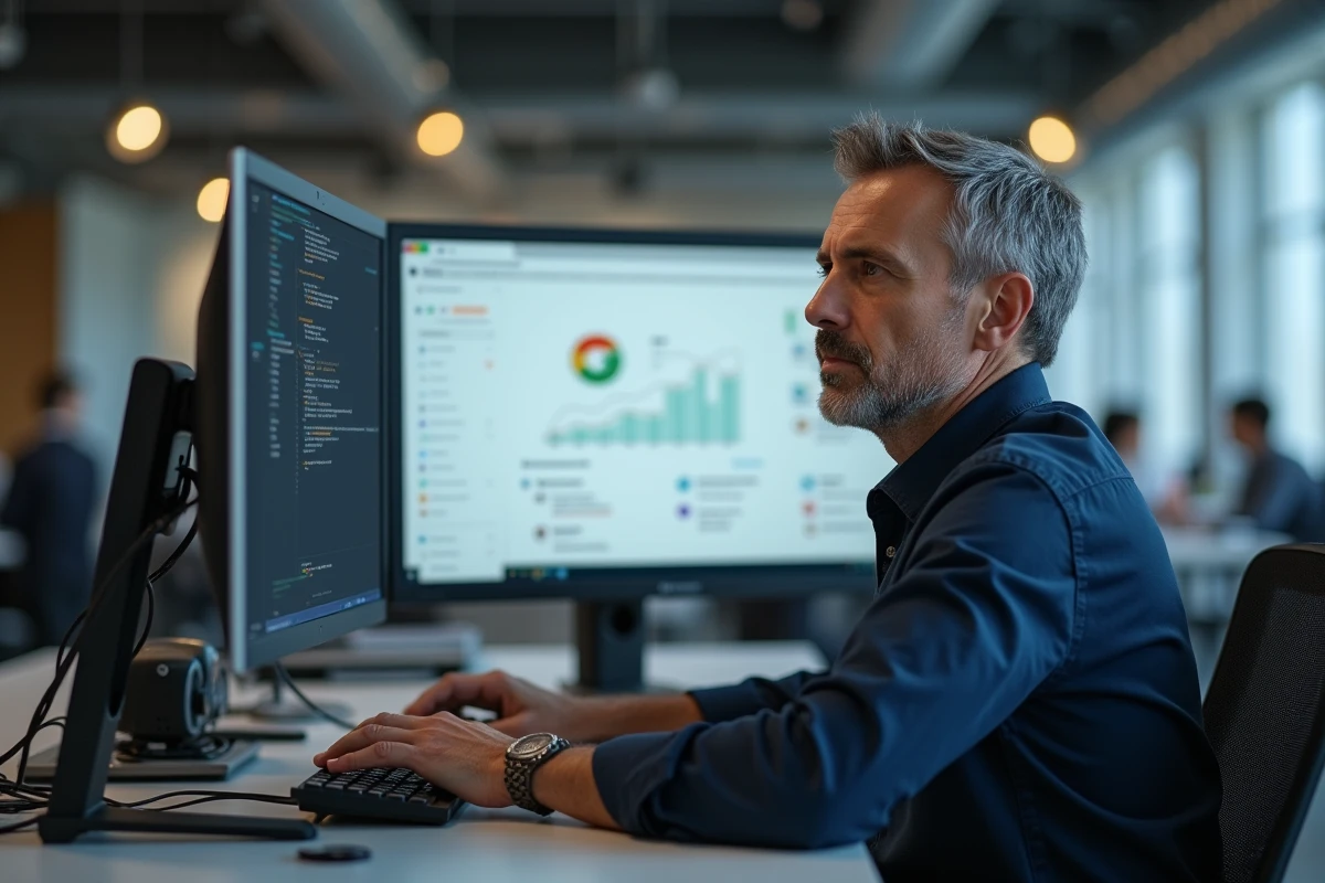 Homme au bureau comparant la toupie Google sur un écran d'ordinateur de bureau