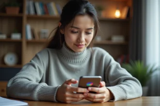 Femme utilisant un smartphone pour voir la toupie interactive de Google sur mobile