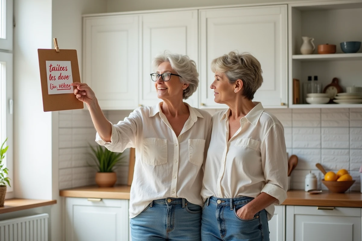 Deux femmes d'âge mûr dans une cuisine moderne regardant une note épinglée au mur avec la locution 'toutes les deux' entourée en rouge, illustrant les règles d'accord en français
