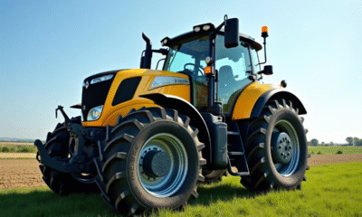 Tracteur Renault d'occasion dans un champ ensoleille avec ciel bleu