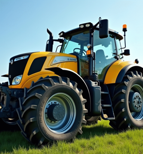 Tracteur Renault d'occasion dans un champ ensoleille avec ciel bleu
