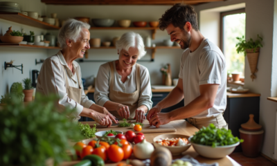 Trois générations de famille en cuisine rustique