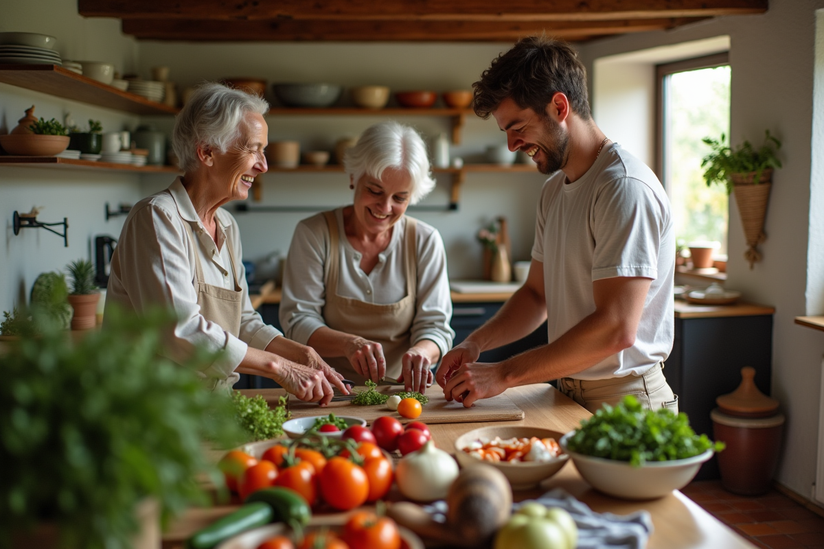 Trois générations de famille en cuisine rustique