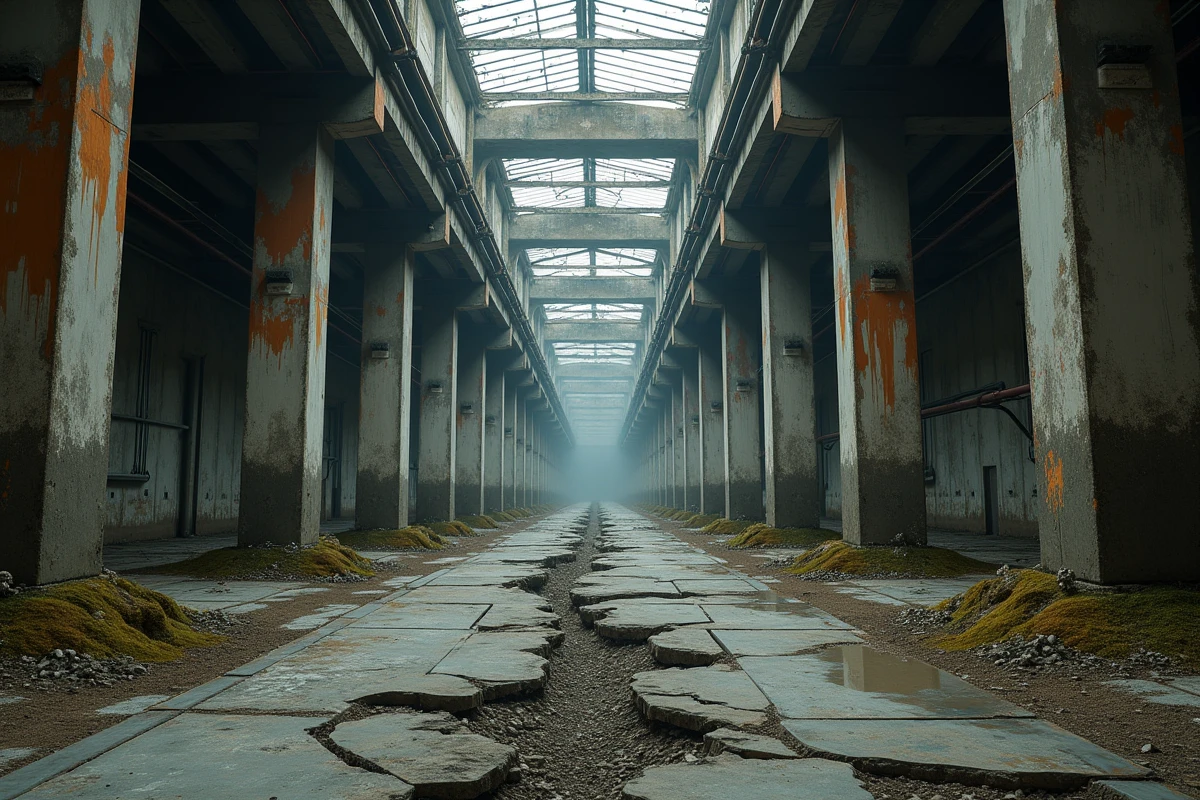 Usine industrielle abandonnée et délabrée aux piliers rouillés et béton fissuré, rappelant les décors post-apocalyptiques de Gears of War