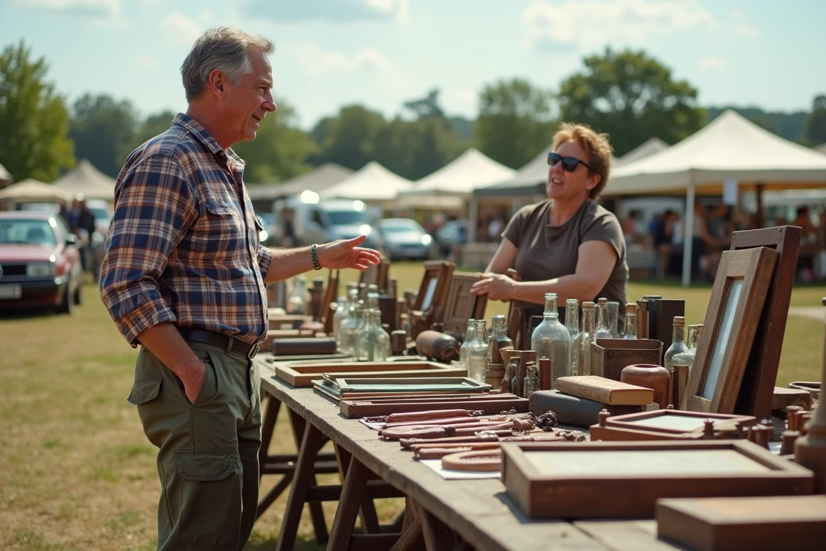 Vendeur au stand d'un vide-grenier avec objets anciens et outils vintage dans l'Aveyron
