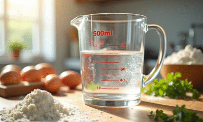 Verre mesureur rempli de 500 ml d'eau sur un plan de cuisine avec ingrédients frais