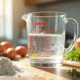 Verre mesureur rempli de 500 ml d'eau sur un plan de cuisine avec ingrédients frais