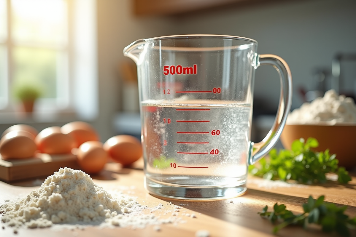Verre mesureur rempli de 500 ml d'eau sur un plan de cuisine avec ingrédients frais