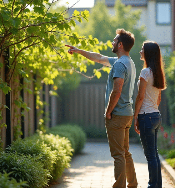 Voisins dans un jardin urbain lumineux avec vignes