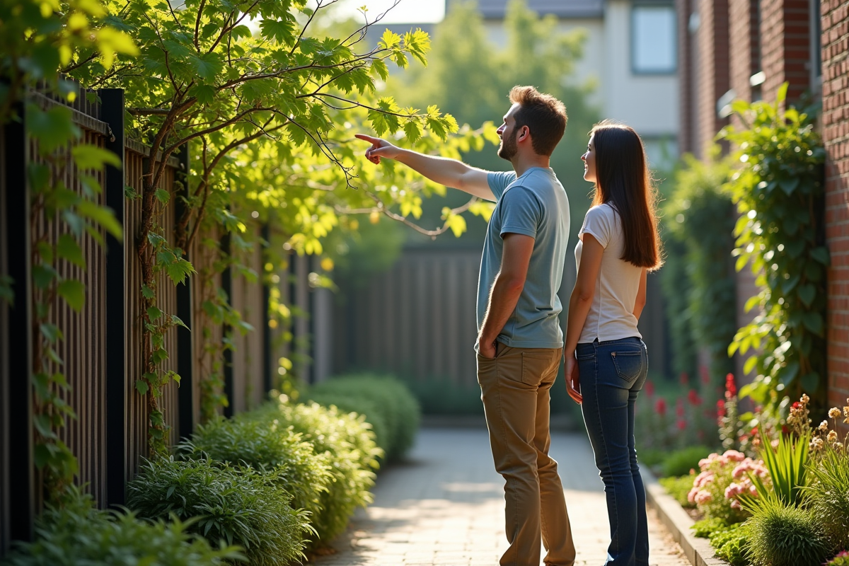 Voisins dans un jardin urbain lumineux avec vignes