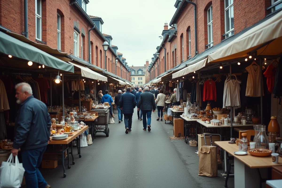 Vue aérienne d'une allée de braderie animée dans une ville du Nord-Pas-de-Calais avec de nombreux stands de seconde main