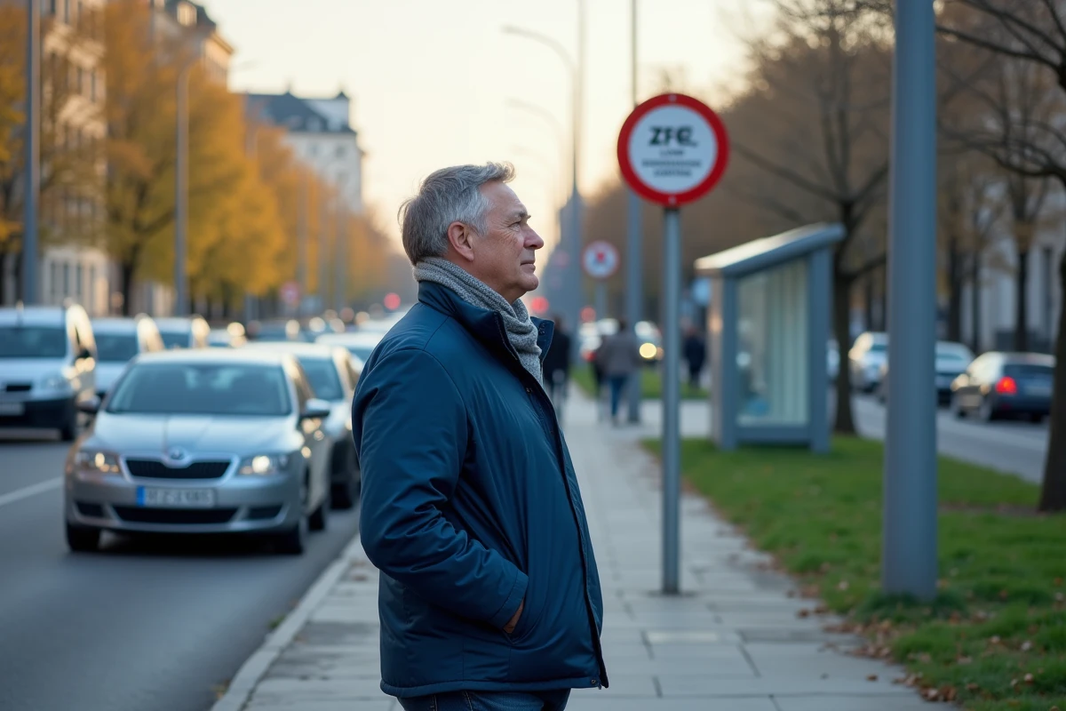 Homme regardant un panneau ZFE en ville